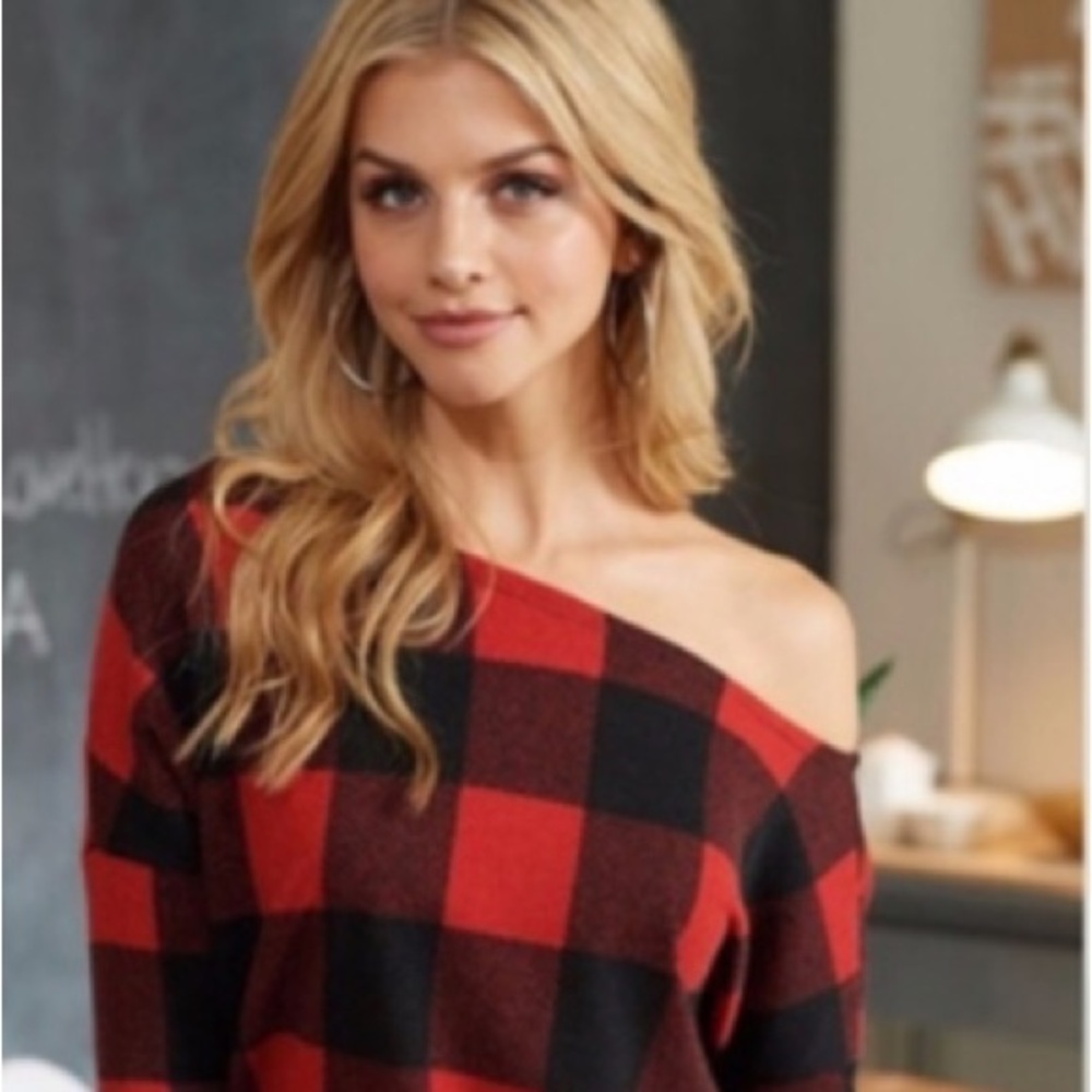 Cozy Off Shoulder Buffalo Plaid Top - Picture 2 of 3